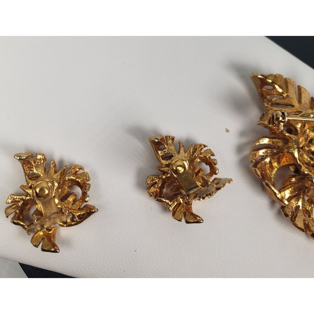Vintage Flower Orange Yellow Crystal Rhinestone Leaf Brooch Clip On Earring Set - Picture 10 of 16